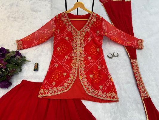 Party Wear Embroidery Work Red Color Gown Koti With Dupatta