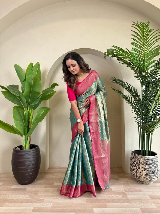 Designer Silk Zari Weaving Sky Blue Color Saree