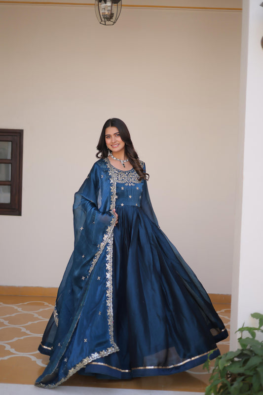 Festive Wear Burberry Silk Teal Blue Color Gown