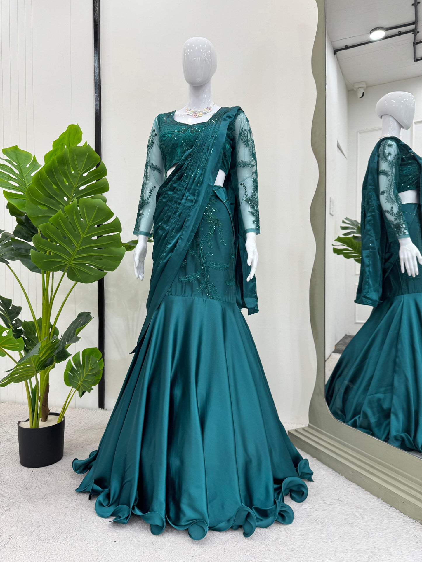 Exotic Japan Satin Teal Blue Color Lehenga Saree