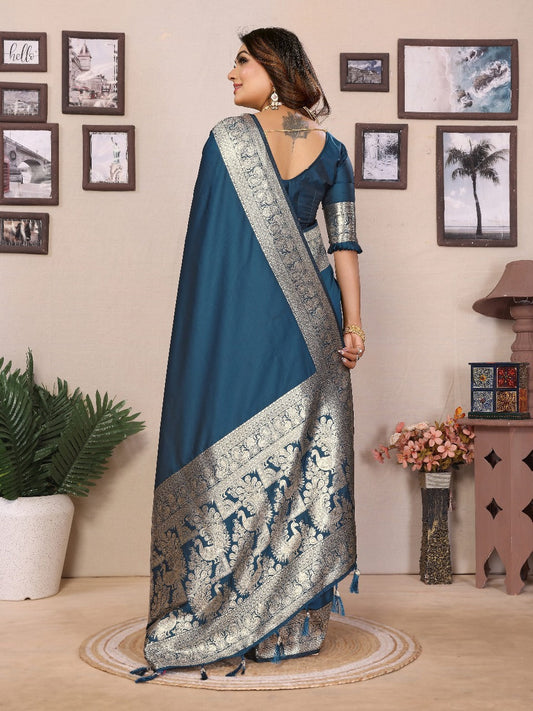 Stunning Banarasi Silk Teal Blue Color Saree