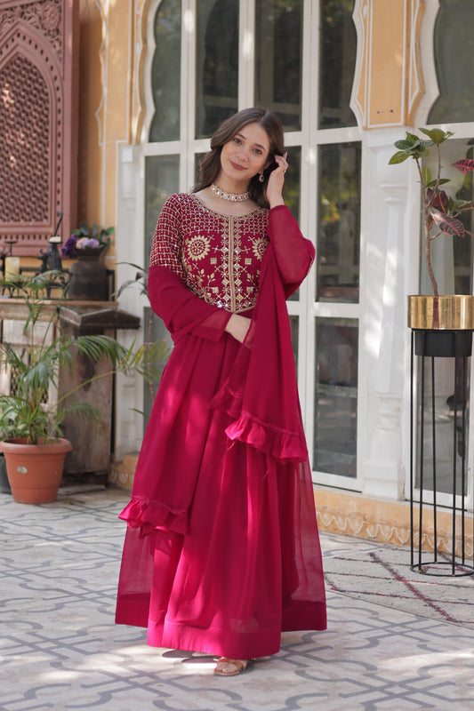 Stunning Georgette Embroidered Work Red Color Gown