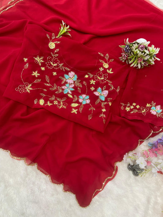 Elegant Georgette Hand Work Red Color Saree