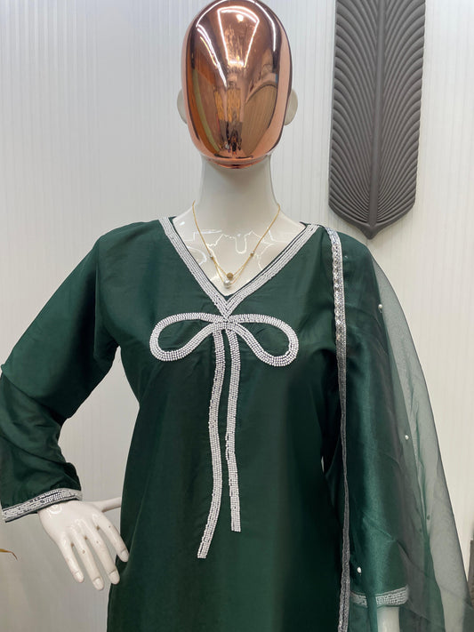 Marvelous Beads Work Green Color Salwar Suit
