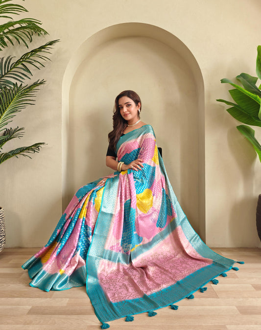 Multi Color Design Beautiful Print Sky Color Saree