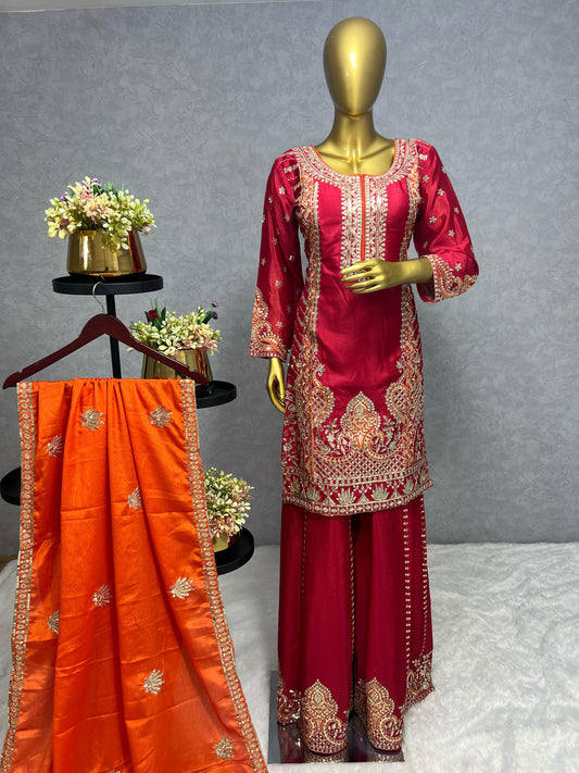 Glossy Red Color Chinon Silk Palazzo With Dupatta Set
