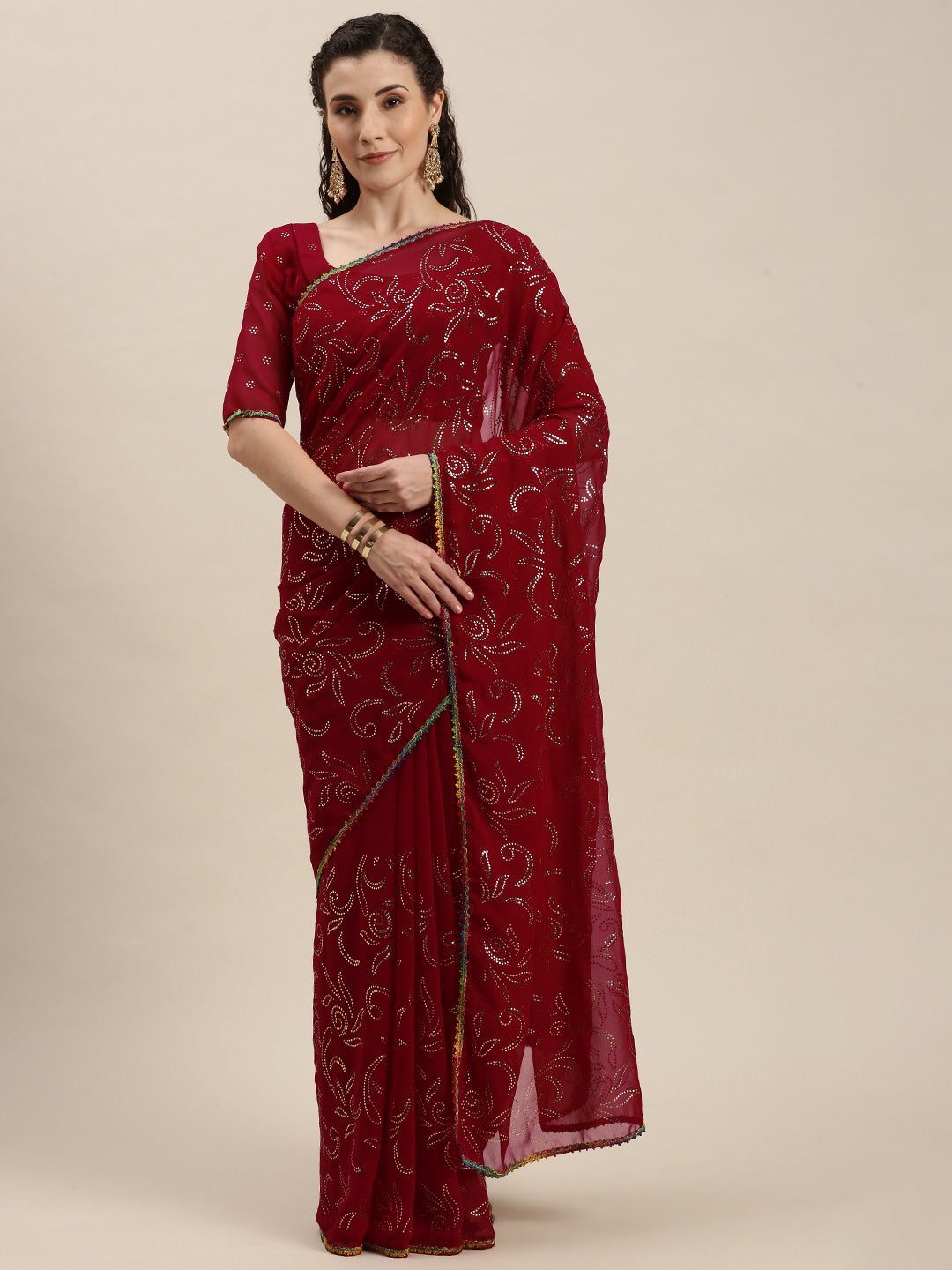 Elegant Dark Pink Beads and Stones Embroidered Saree
