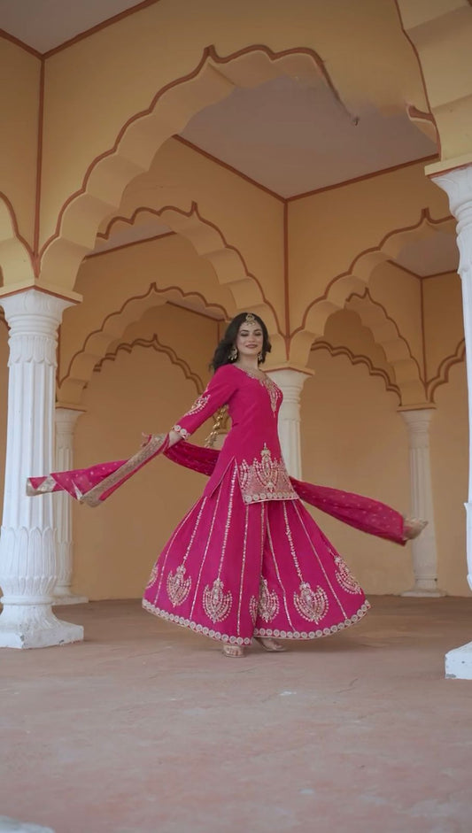Glossy Chinon Silk Pink Color Sharara Suit