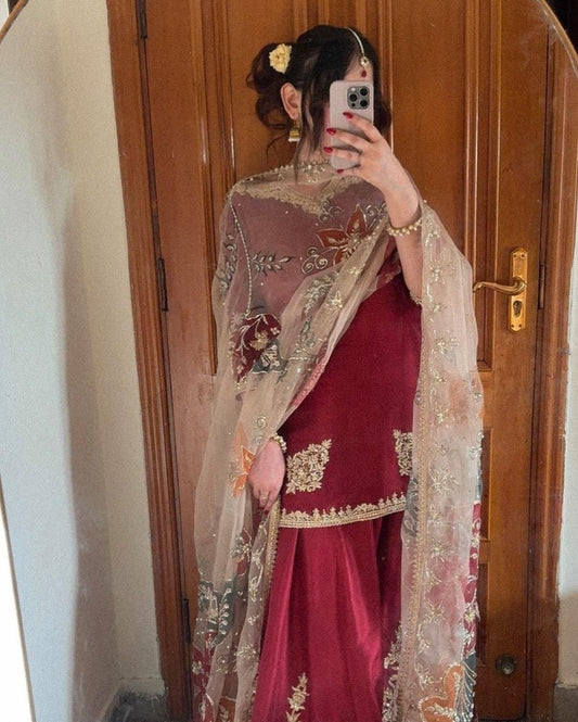 Unique Chinon Embroidery Work Red Color Sharara Suit