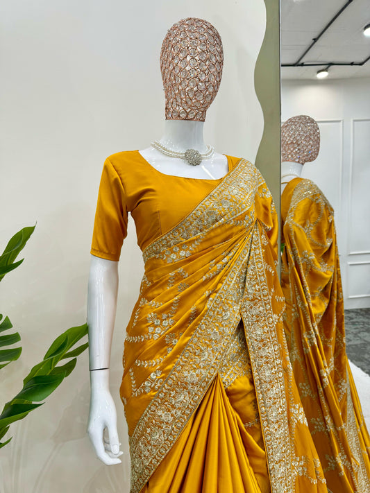 Superhit Satin Silk Yellow Color Saree