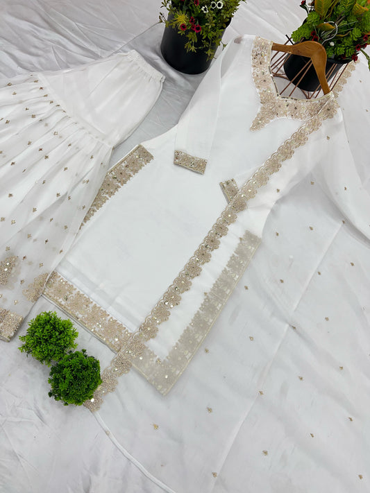 Captivating Crunchy Silk White Color Sharara Suit