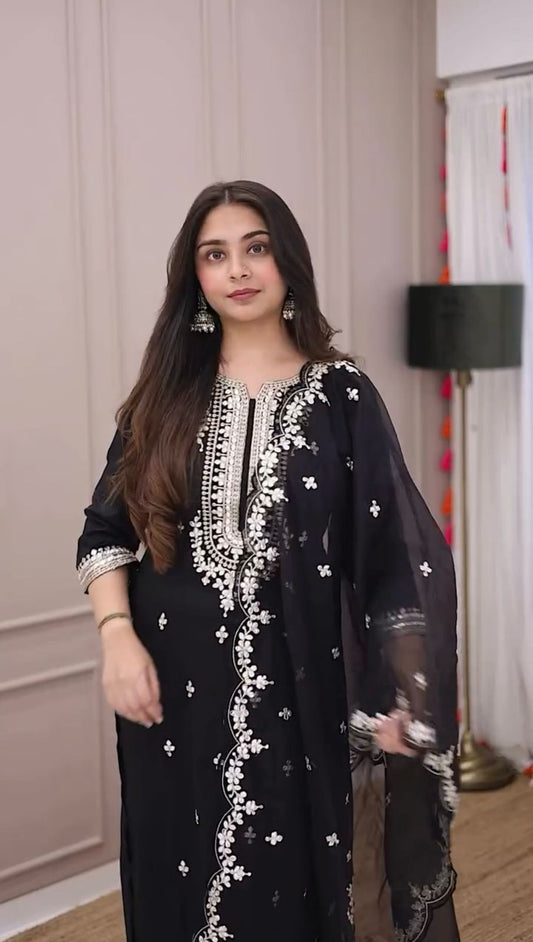 Flattering Embroidery Work Black Color Salwar Suit