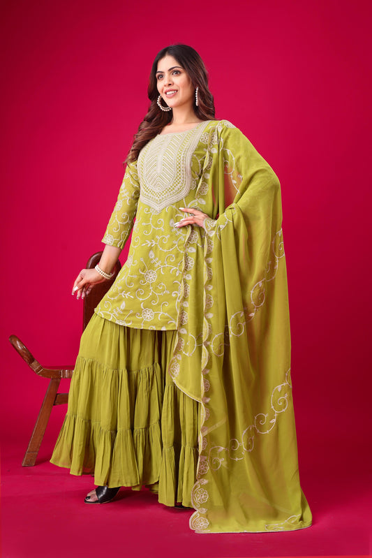 Designer Embroidery Work Perrot Color Sharara Suit