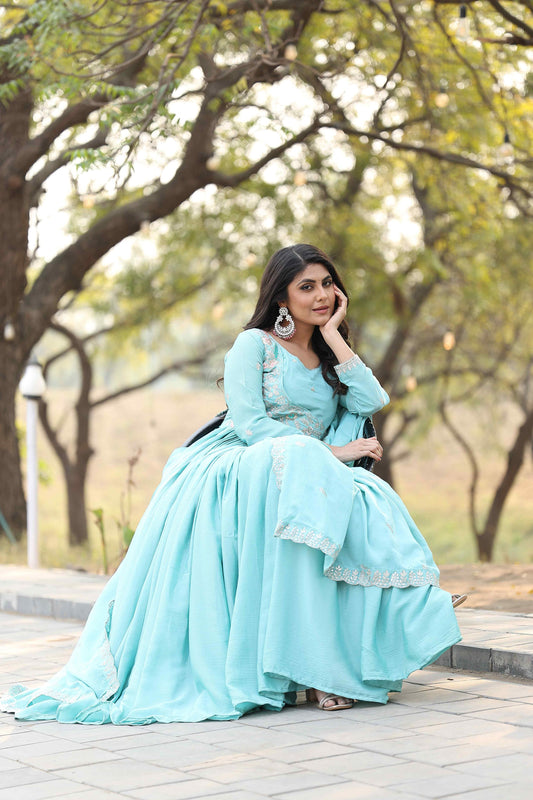 Shining Chinon Silk Sky Blue Color Gown