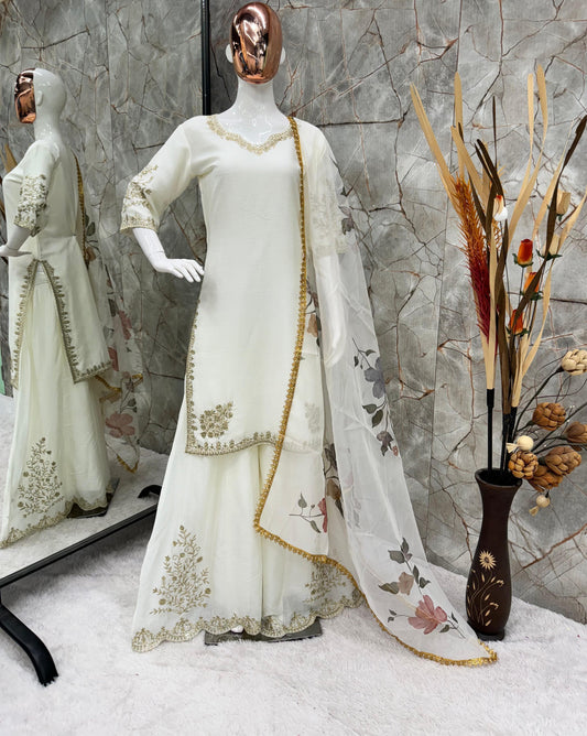 Unique Chinon Embroidery Work White Color Sharara Suit