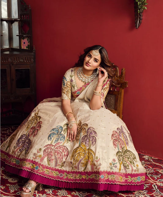 Function Wear Simmer Silk Cream Color Lehenga Choli
