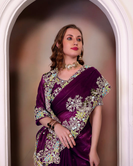 Traditional Wear Embroidery Work Wine Color Saree