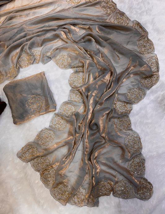 Fantastic Beautiful Katdana handwork Grey Color saree