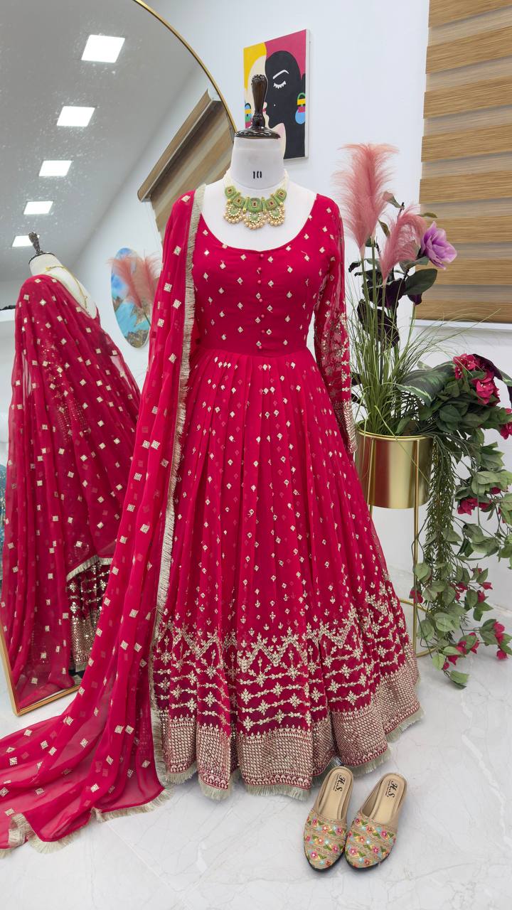 Charming Georgette Red Color Gown With Dupatta