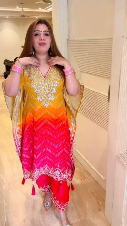 Preferable Chinon Embroidered Work Yellow Multi Color Kaftani Dress