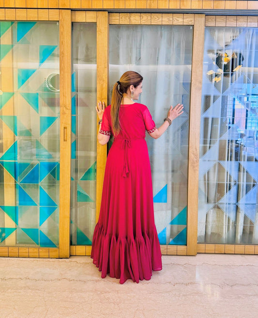 Designer Georgette Red Color Gown With Koti