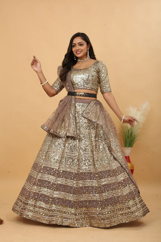 Decent Georgette Embroidery Work Beige Color Lehenga Choli