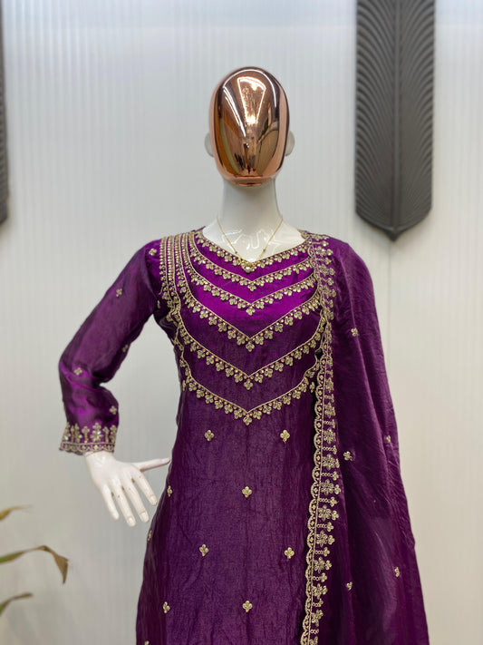 Good Looking Embroidery Work Wine Color Palazzo Suit