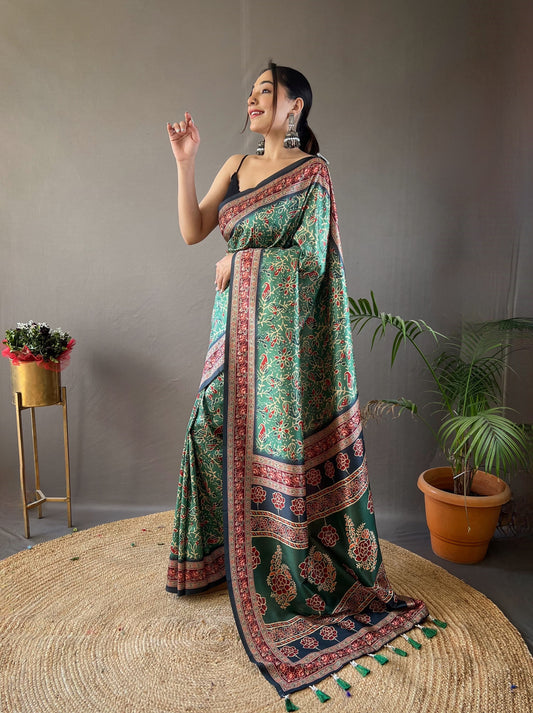 Opulent Green Color Digital Print Saree