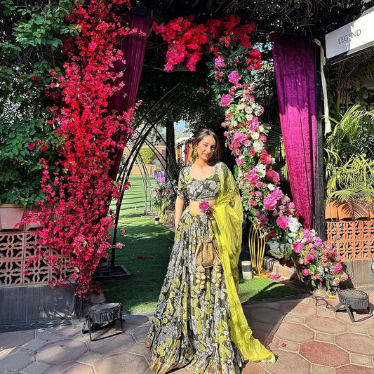 Stunning Chinon Silk Green Color Flower Print Lehenga Choli