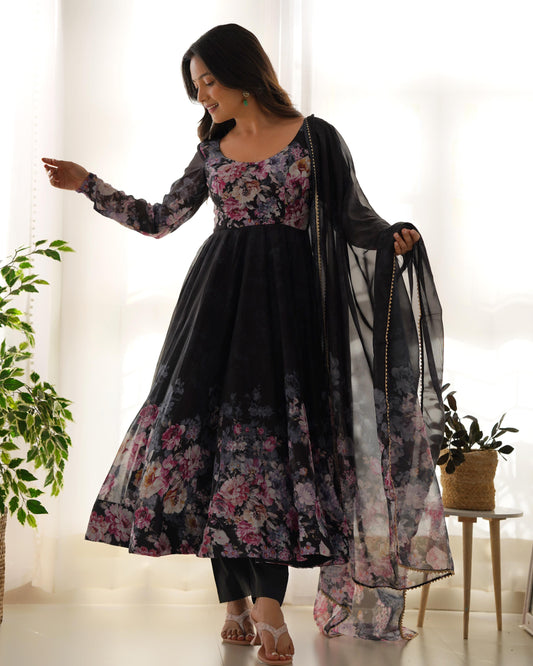 Casual Wear Multi Flower Print Black Color Anarkali Suit
