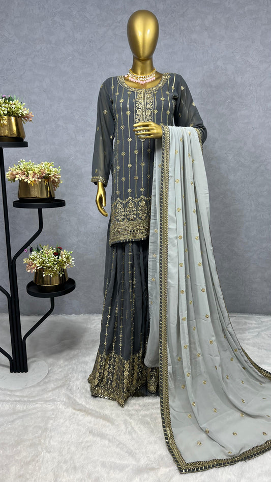 Pattern Wedding & Party Wear Mirror Hand Work Gray Color Salwar Suit With Contrast Dupatta