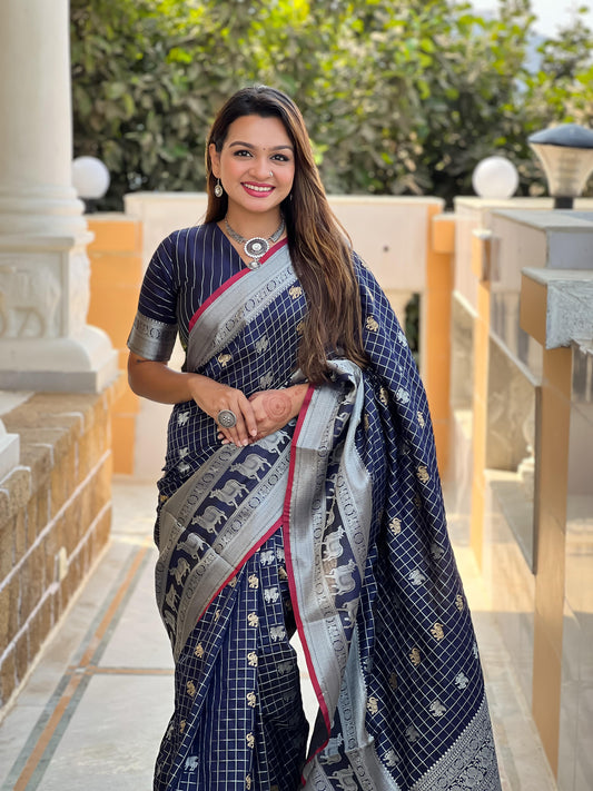 Fashionable Soft Silk Navy Blue Color Saree