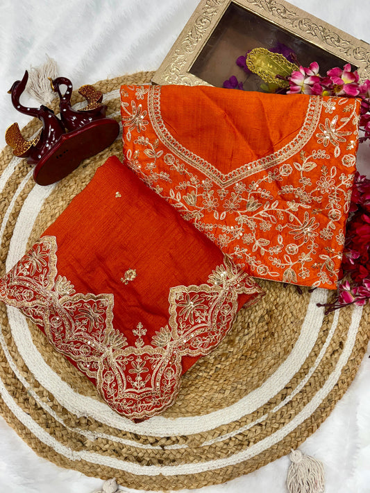 Bollywood Style Heavy Work Orange Color Silk Saree