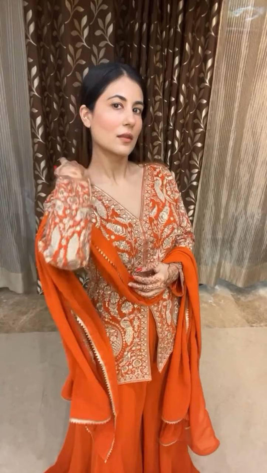 Designer Chinon Embroidery Work Orange Color Sharara Suit