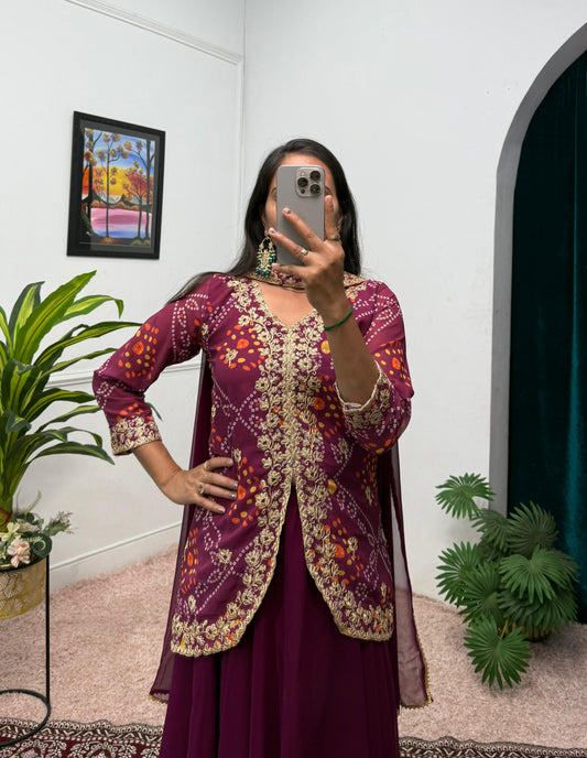 Party Wear Embroidery Work Purple Color Gown Koti With Dupatta