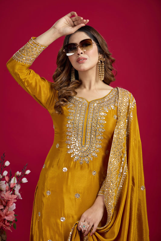 Elegant Embroidery Sequence Work Mustard Color Sharara Suit