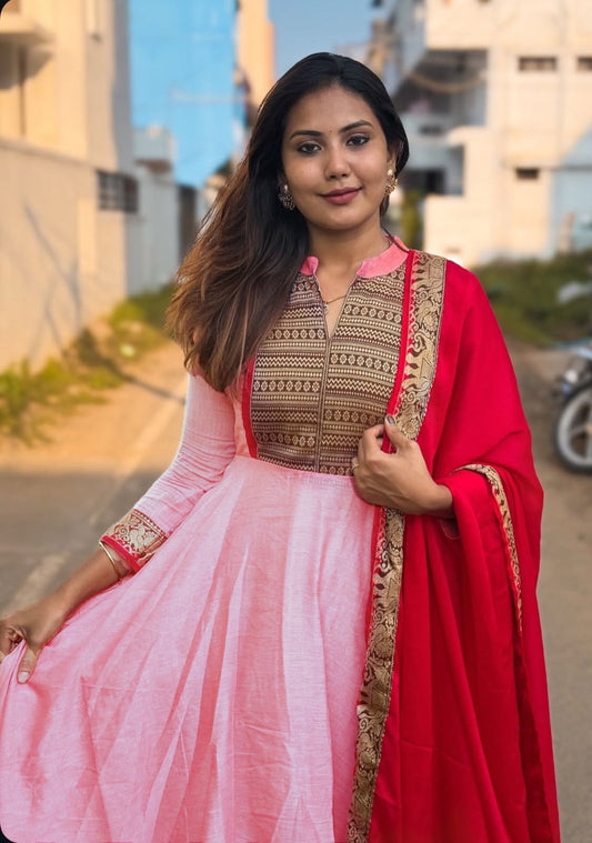 Glimmering Pink Color Vichitra Silk Gown