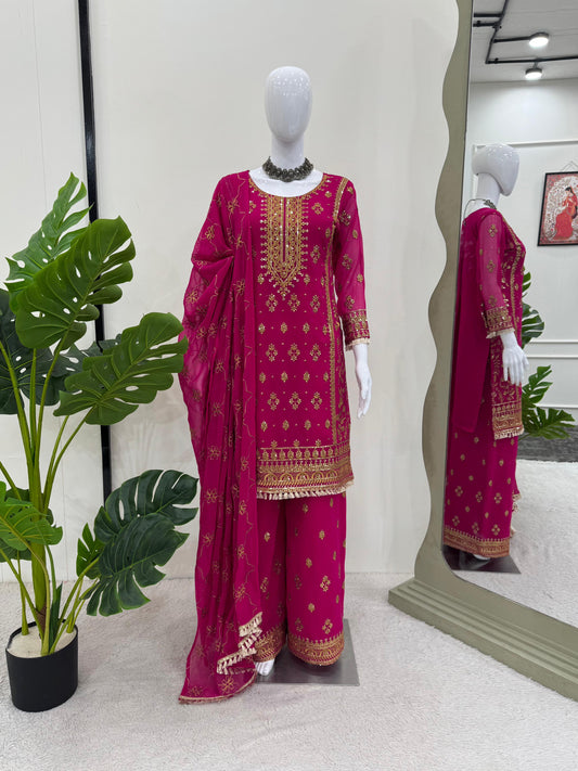Look Designer Thread With Sequence Work Pink Color Sharara Suit