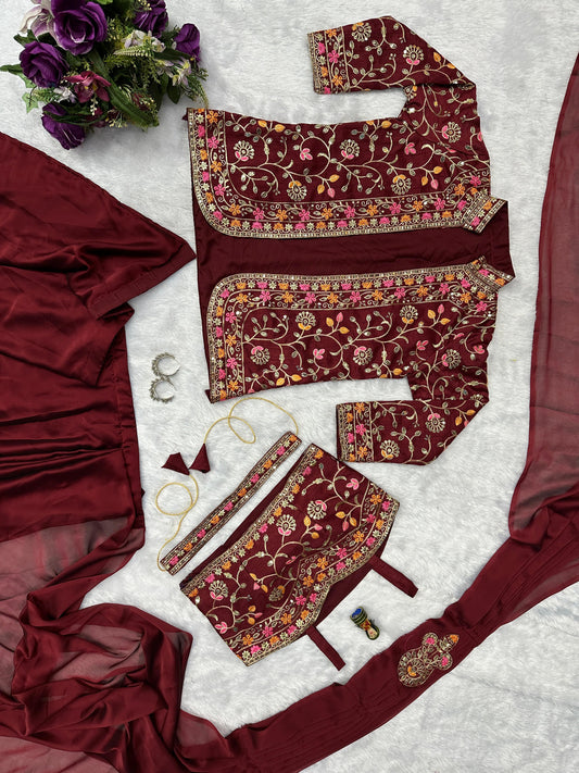 Wedding Wear Rangoli Silk Maroon Color Saree With Koti