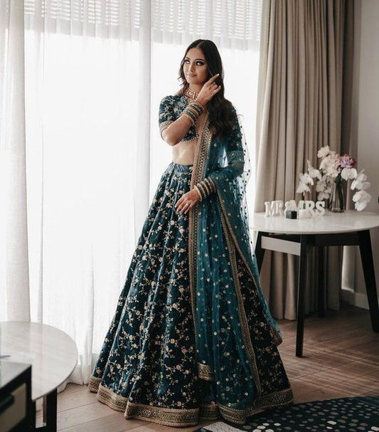BUY-WEDDING-GREEN-SEQUENCED-VELVET-LEHENGA