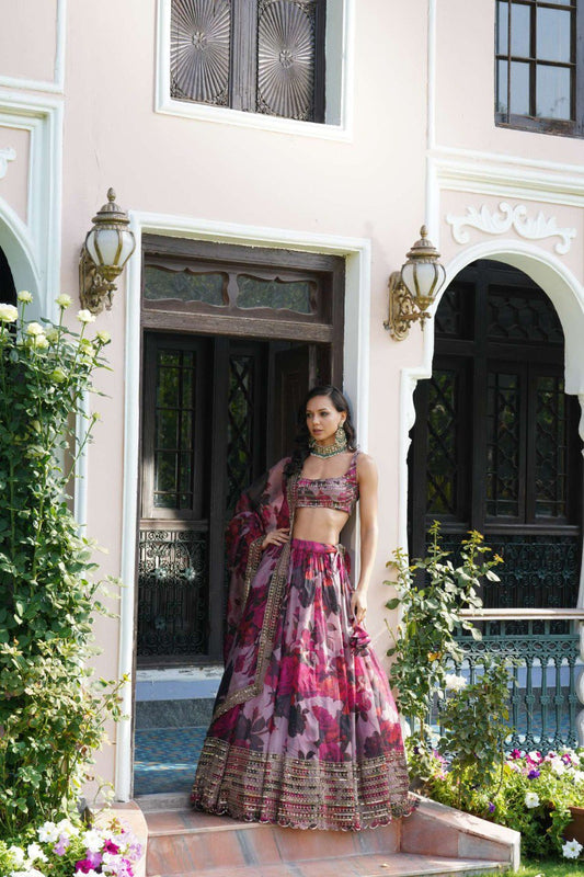 Dark Lavender Organza Floral Printed & Cutdana Embroidered work lehengha choli
