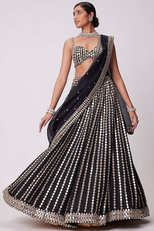 Black Linear Mirror Embroidered Lehenga Set