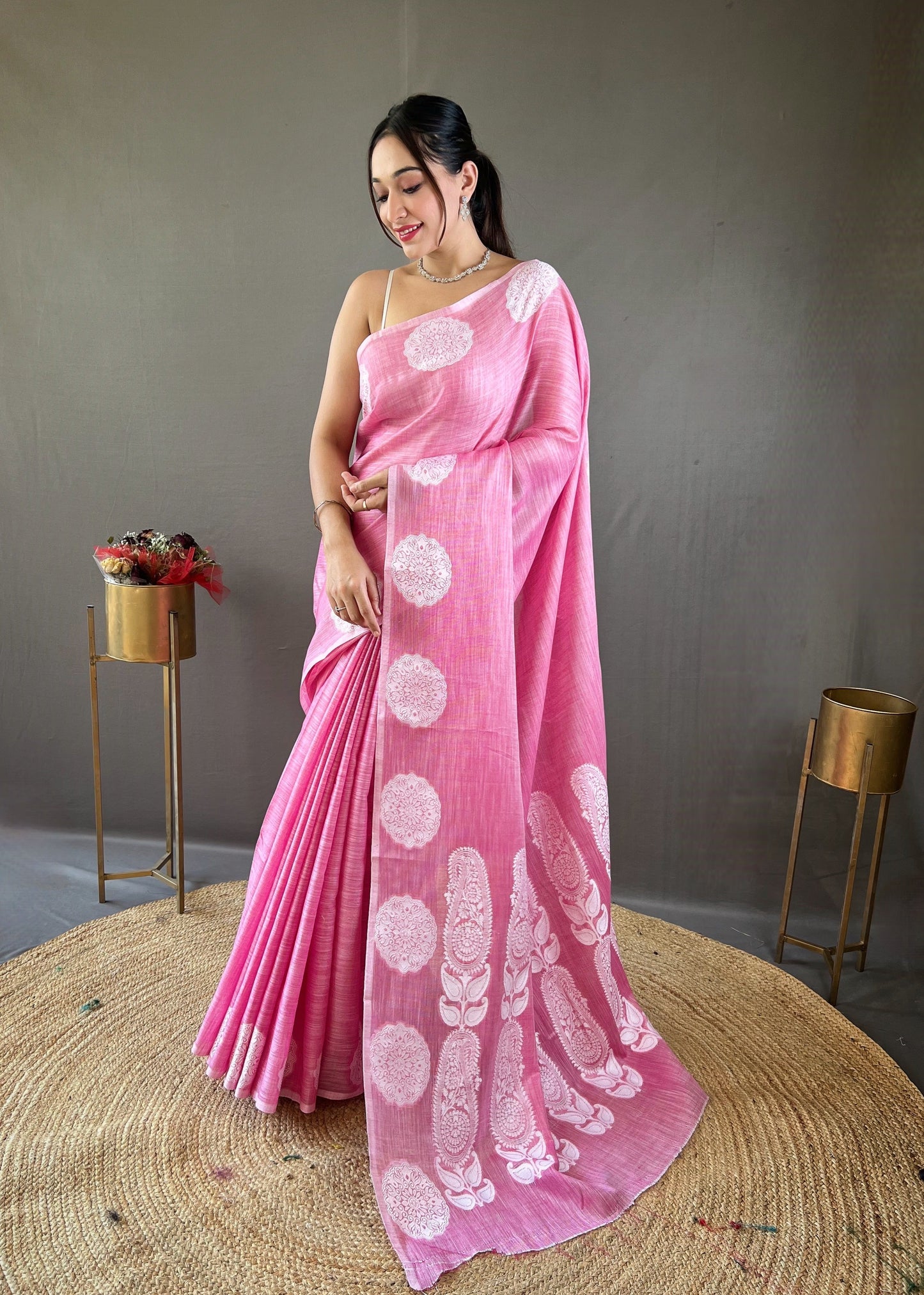 Classic Pink Color Lucknowi Linen Saree