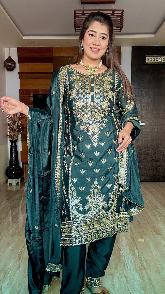 Decent Cinon Silk Embroidery Work Green Color Salwar Suit