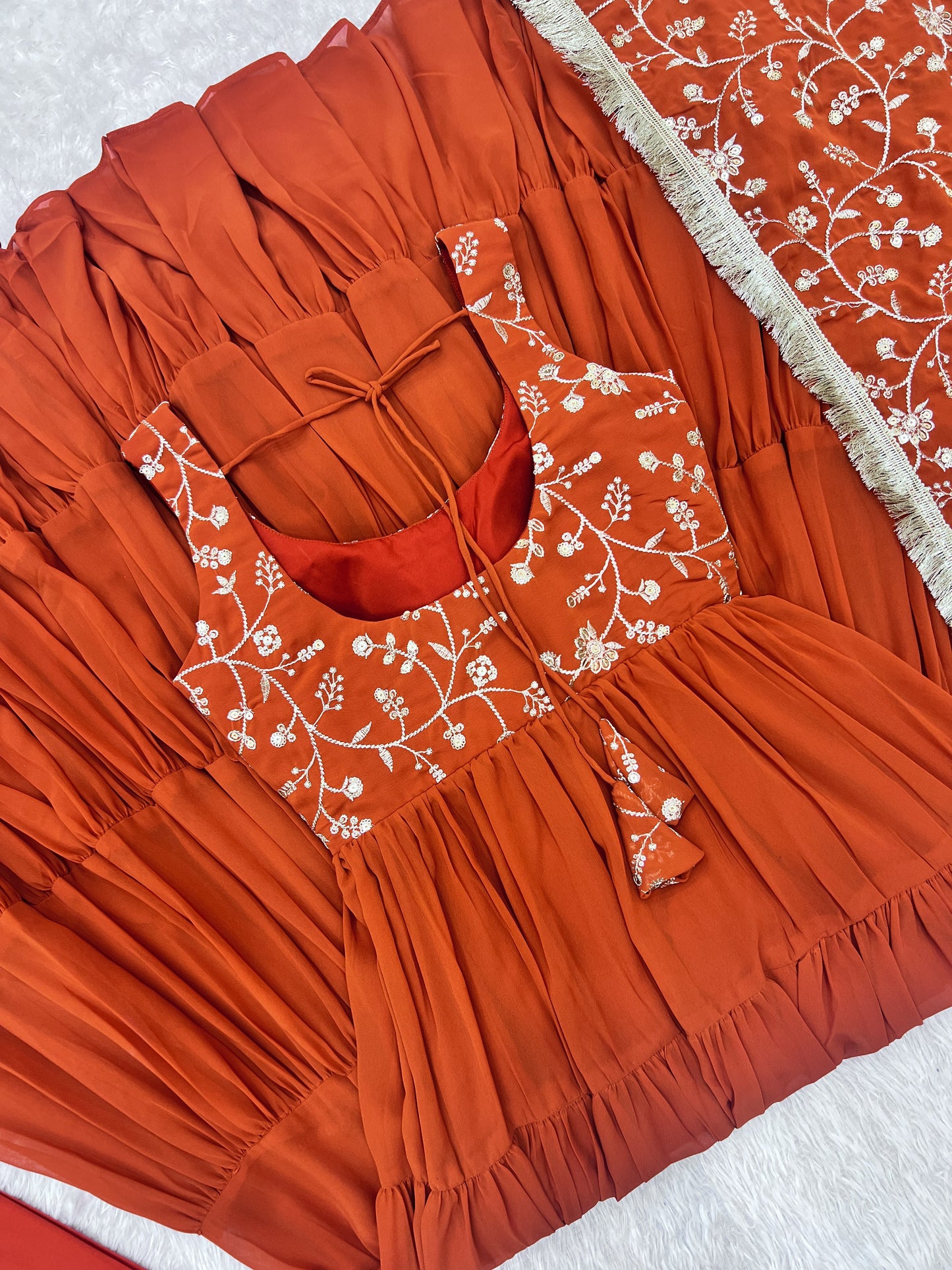 Party Wear Orange Color Heavy Pure Soft Faux Georgette Designer Gown