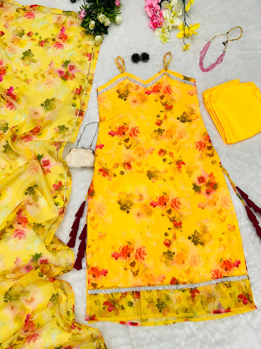 Fabulous Jimmy Organza Floral Printed Yellow Color Anarkali Suit