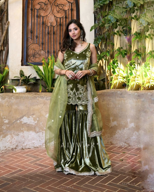 Preferable Sequence Work Green Color Sharara Suit