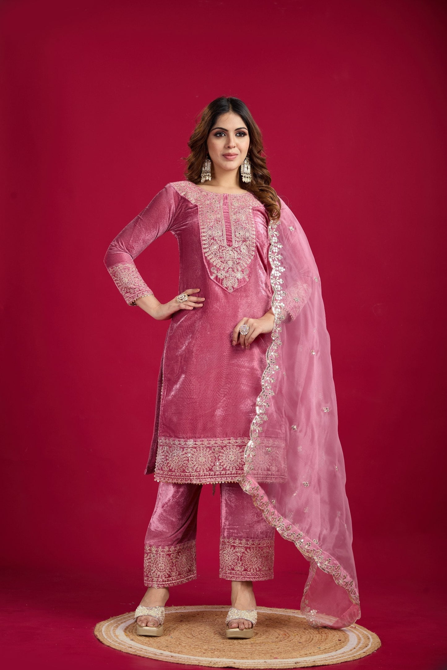 Occasion Wear Embroidery Work Pink Color Plazzo Suit