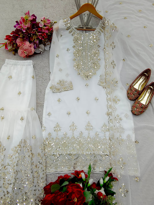 Fabulous Georgette White Color Sharara Suit