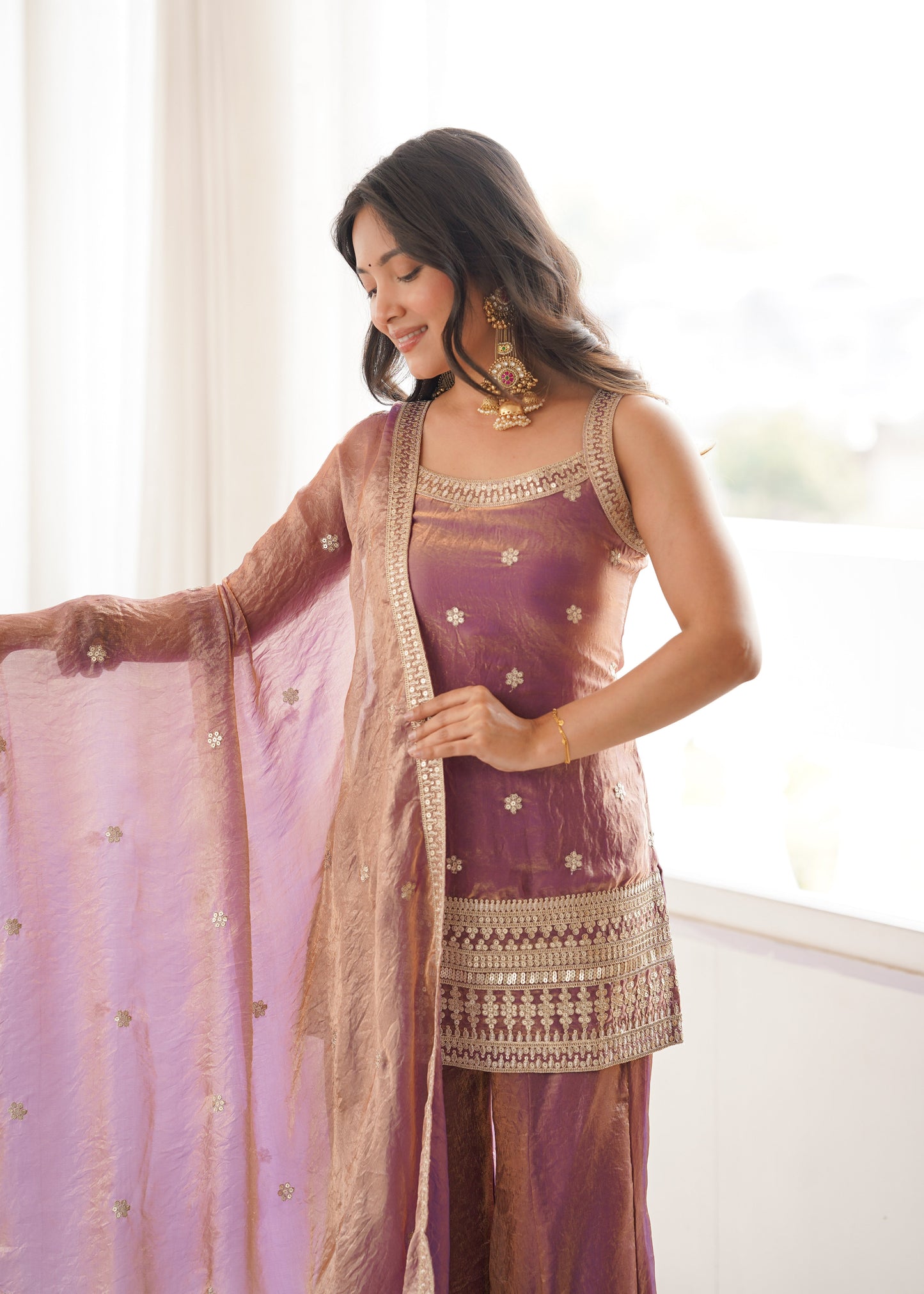 Arti Chauhan Wear Dusty Peach Color Designer Frendy Silk Bell Bottom Suit Set